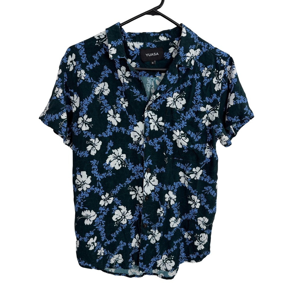 YUASA Studios Shirt Mens Medium Green Floral Hibiscus Short Sleeve Button Camp